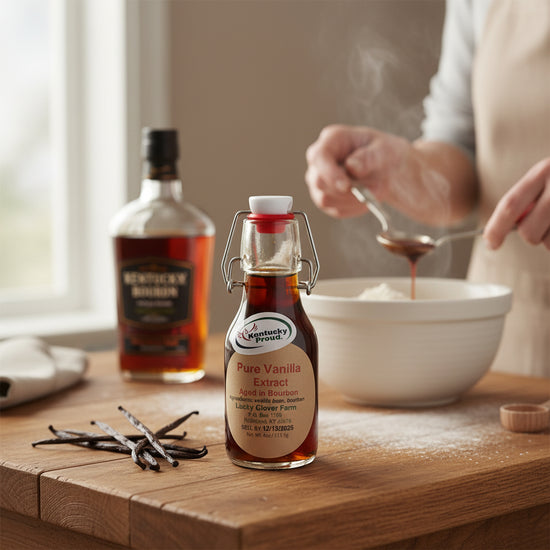 A teaspoon of the bourbon-aged vanilla being poured into a mixing bowl.