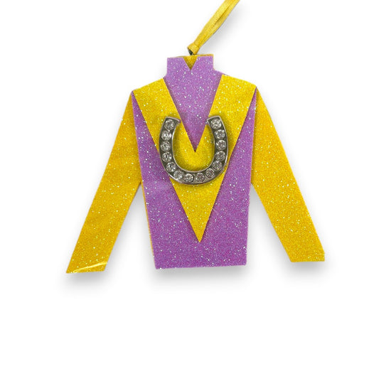 A striking purple jockey silk ornament accented with a bright yellow "V" on the chest.