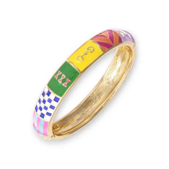 Front view of the Race Day Equestrian Sculpted Enamel Hinged Bangle featuring colorful racing silks on gold enamel.