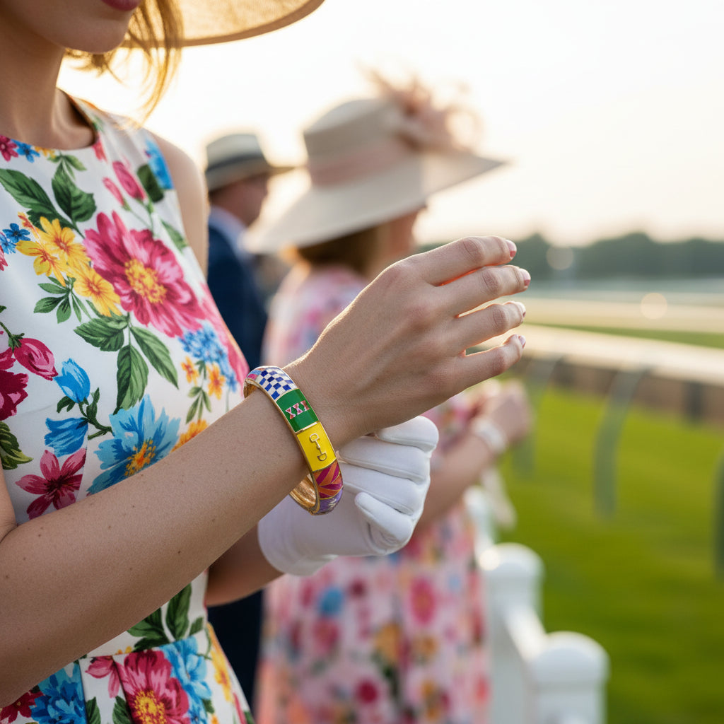 A model wearing the Race Day Equestrian Bangle as part of a stylish Kentucky Derby outfit.