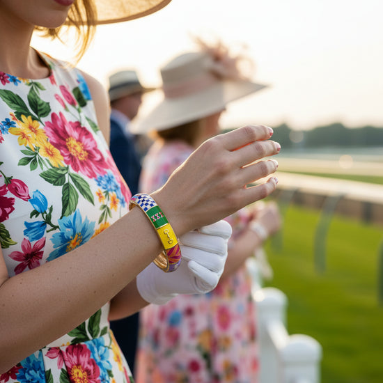 A model wearing the Race Day Equestrian Bangle as part of a stylish Kentucky Derby outfit.