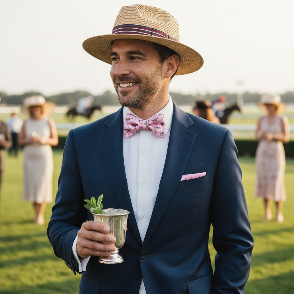 A Man wearing a pink race for the cure bowtie at a horse racing event.