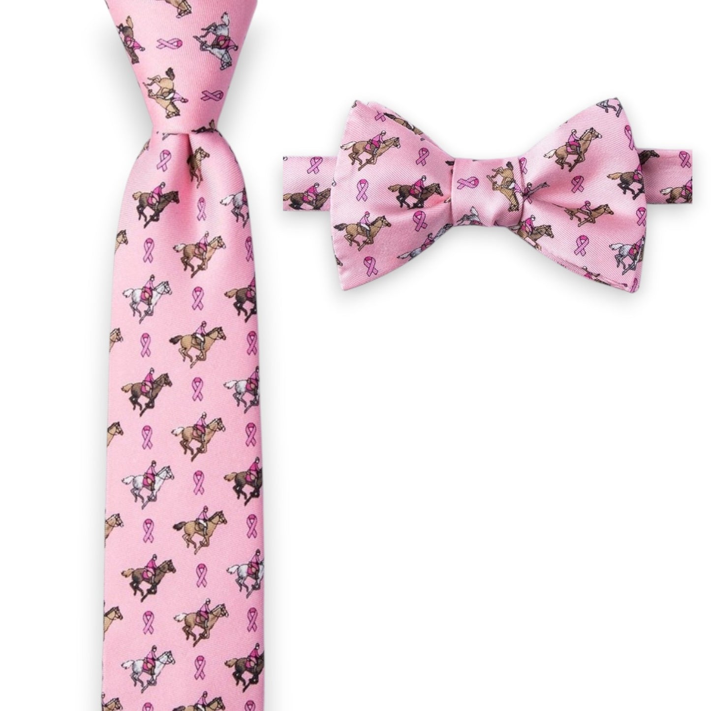 Matching pink silk skinny tie and bow tie set decorated with breast cancer awareness ribbons.
