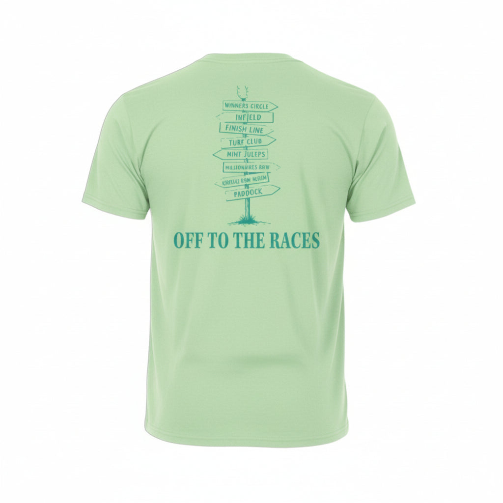 A close-up of the back graphic on the Kentucky Derby 152 t-shirt, detailing the signpost pointing to the Winners Circle, Paddock, and other locations.