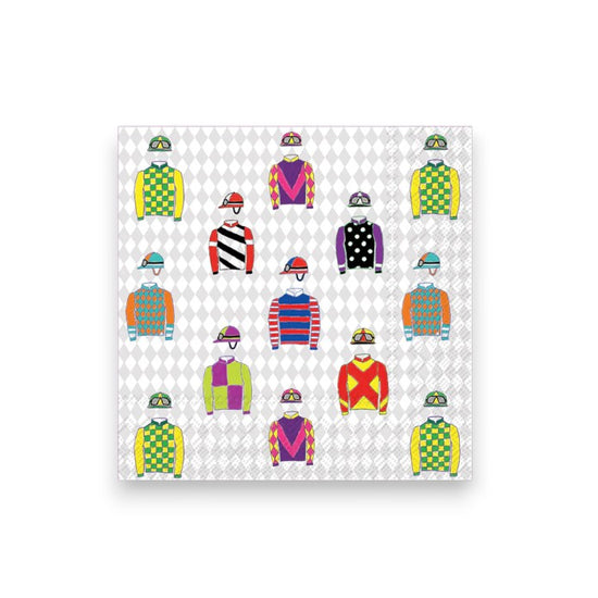 Racing Silks paper beverage napkins with a colorful racing silks design, perfect for Kentucky Derby parties.
