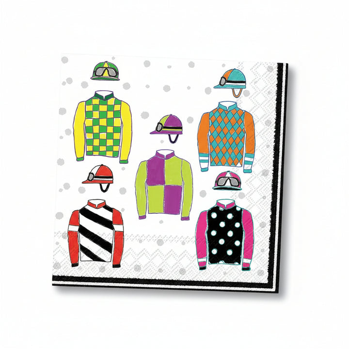 Racing Silks paper luncheon napkins with a colorful racing silks design, perfect for Kentucky Derby parties and meals.