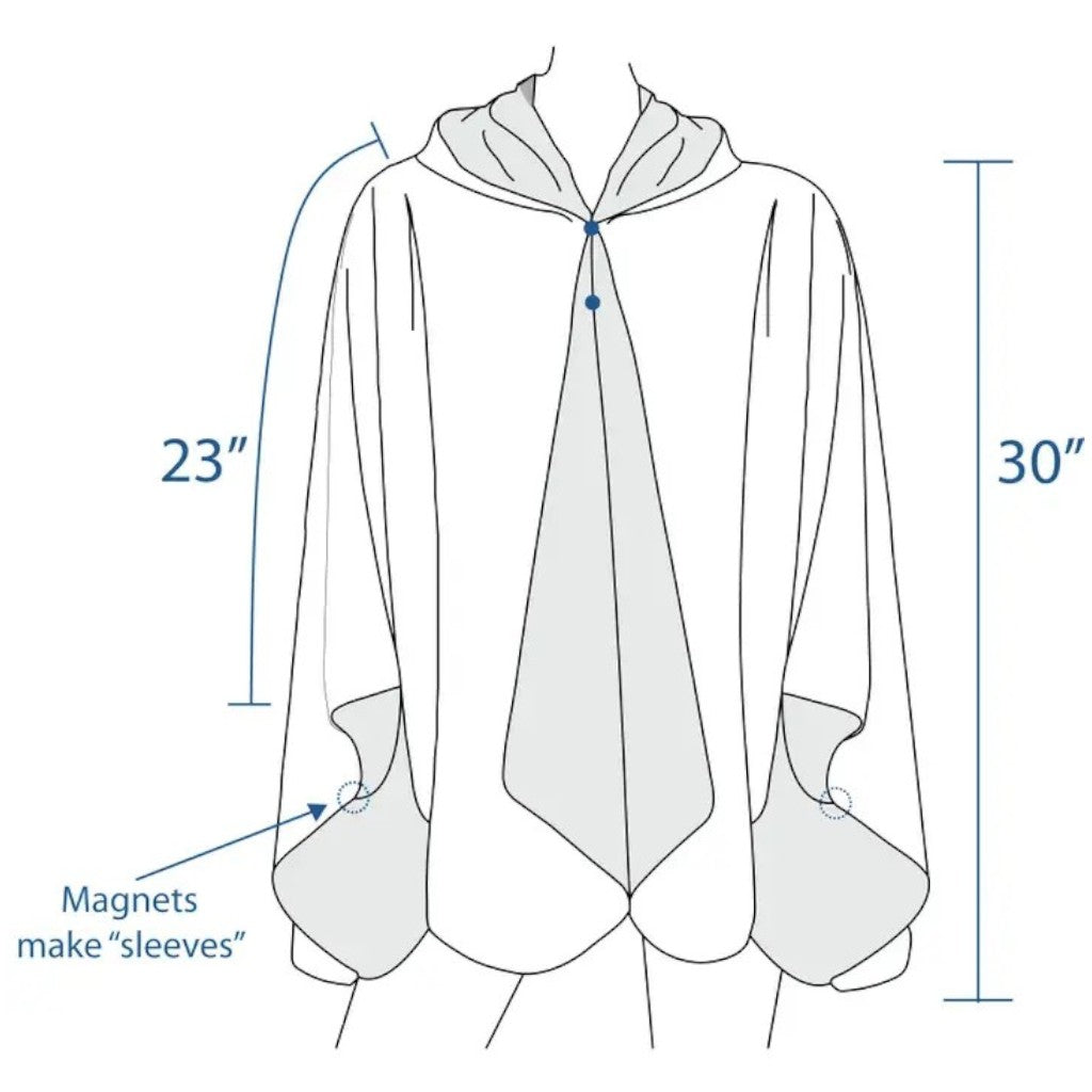 Measurement chart of a cape with labeled dimensions and magnet points.