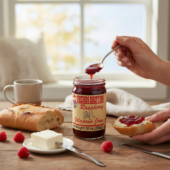 Person spreading raspberry jalapeño jam on bread with a jar of the product in the foreground.