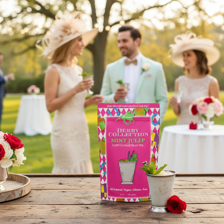A lifestyle shot of the Mint Julep cocktail being served at a sunny outdoor gathering.