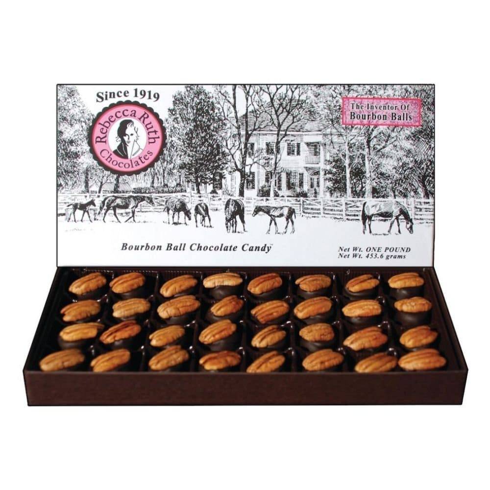 Box of Reckitts & Reeves Bourbon Balls with a scenic label on a white background