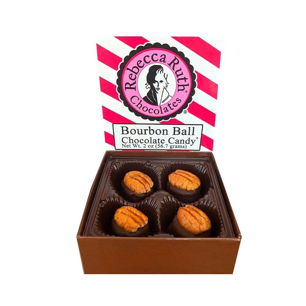 Box of Bourbon Ball Chocolate Candy with Rebecca Ruth Chocolates branding on a white background