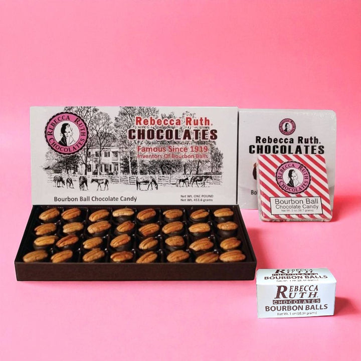 Rebecca Ruth Chocolates bourbon ball packaging on a pink background