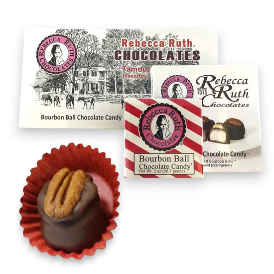 Rebecca Ruth Chocolates with packaging and a bourbon ball chocolate candy on a white background