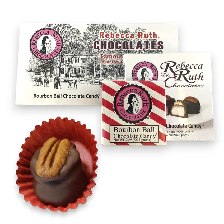 Rebecca Ruth Chocolates with packaging and a bourbon ball chocolate candy on a white background