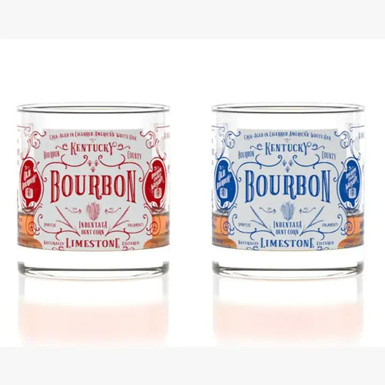 A pair of Bourbon Origins glasses, showing one red and one blue, side-by-side.
