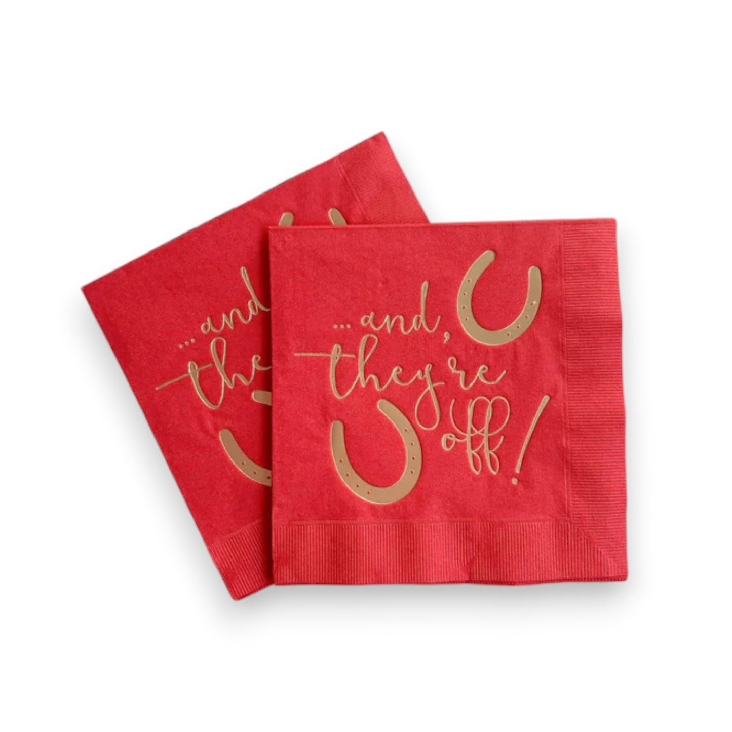 Red luncheon napkins with “And They’re Off!” in elegant gold foil.