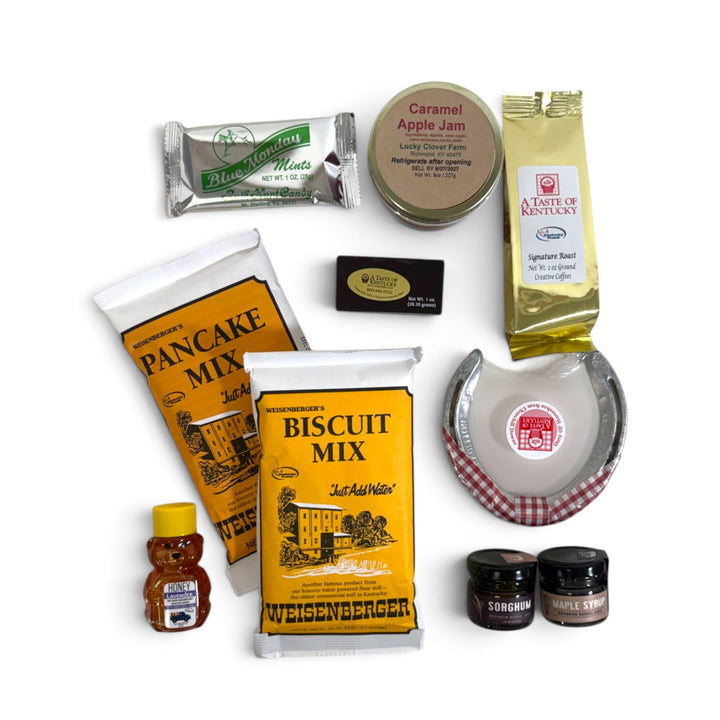 Red Kentucky Gift Box | Kentucky Breakfast & Sweets Gift with Woodford Reserve Bourbon Balls & a Churchill Downs Horseshoe - A Taste of Kentucky