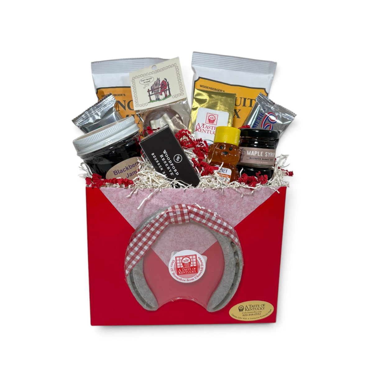 Red Kentucky Gift Box | Kentucky Breakfast & Sweets Gift with Woodford Reserve Bourbon Balls & a Churchill Downs Horseshoe - A Taste of Kentucky