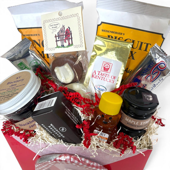 Red Kentucky Gift Box | Kentucky Breakfast & Sweets Gift with Woodford Reserve Bourbon Balls & a Churchill Downs Horseshoe - A Taste of Kentucky