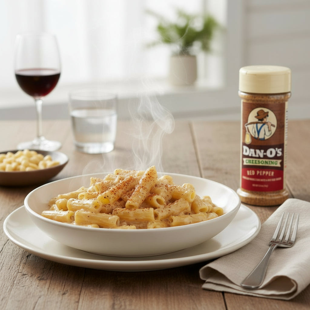 A plate of creamy pasta garnished with a shake of Dan-O's Red Pepper Cheesoning.