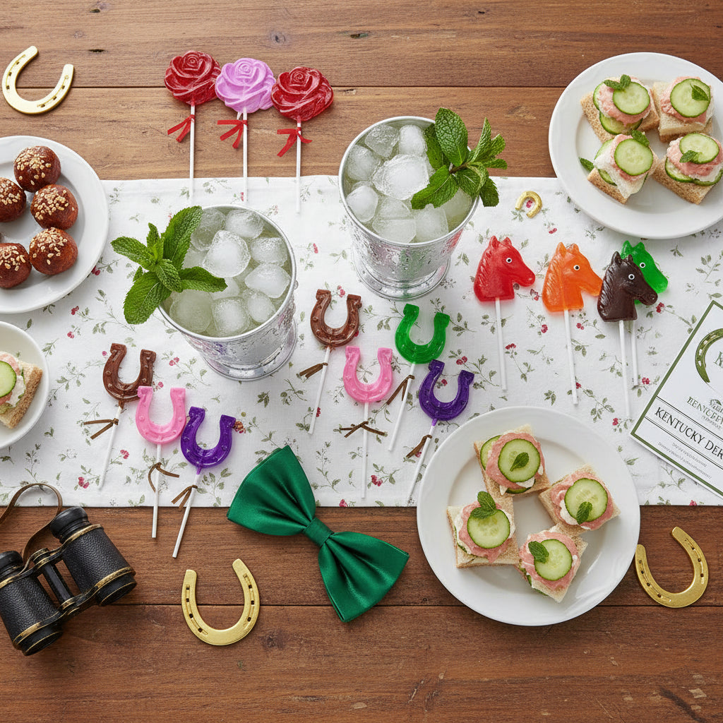 Table setting with horseshoe-themed decorations, drinks, and snacks on a wooden surface.