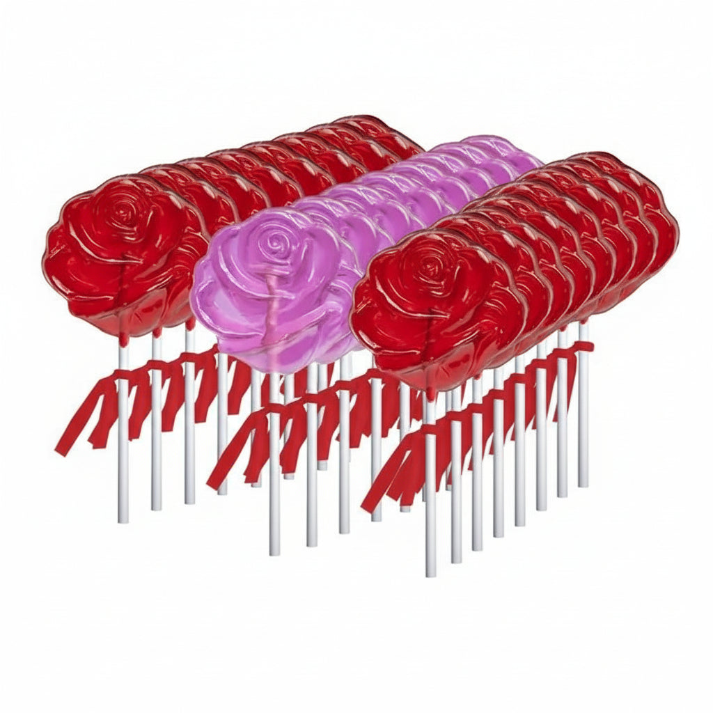 Red and pink rose-shaped lollipops on sticks against a white background
