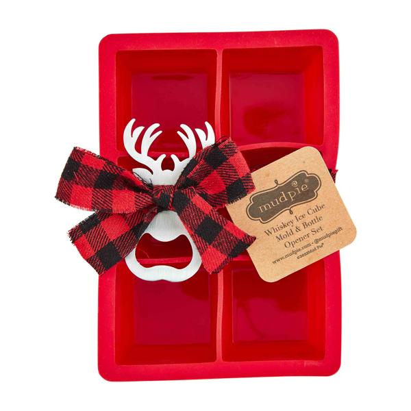 The red silicone ice mold set with a red and black buffalo plaid ribbon.