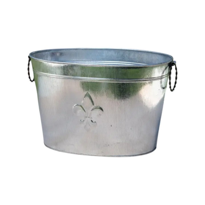 An 18-inch ribbed galvanized beverage tub with rope handles and an embossed fleur-de-lis.