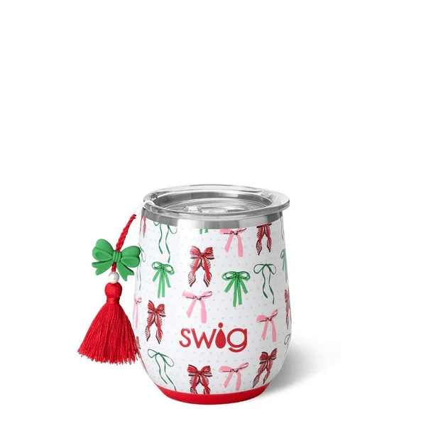 Swig 12oz stemless wine cup in Ribbons and Bows print, featuring a slider lid and a holiday bow charm.