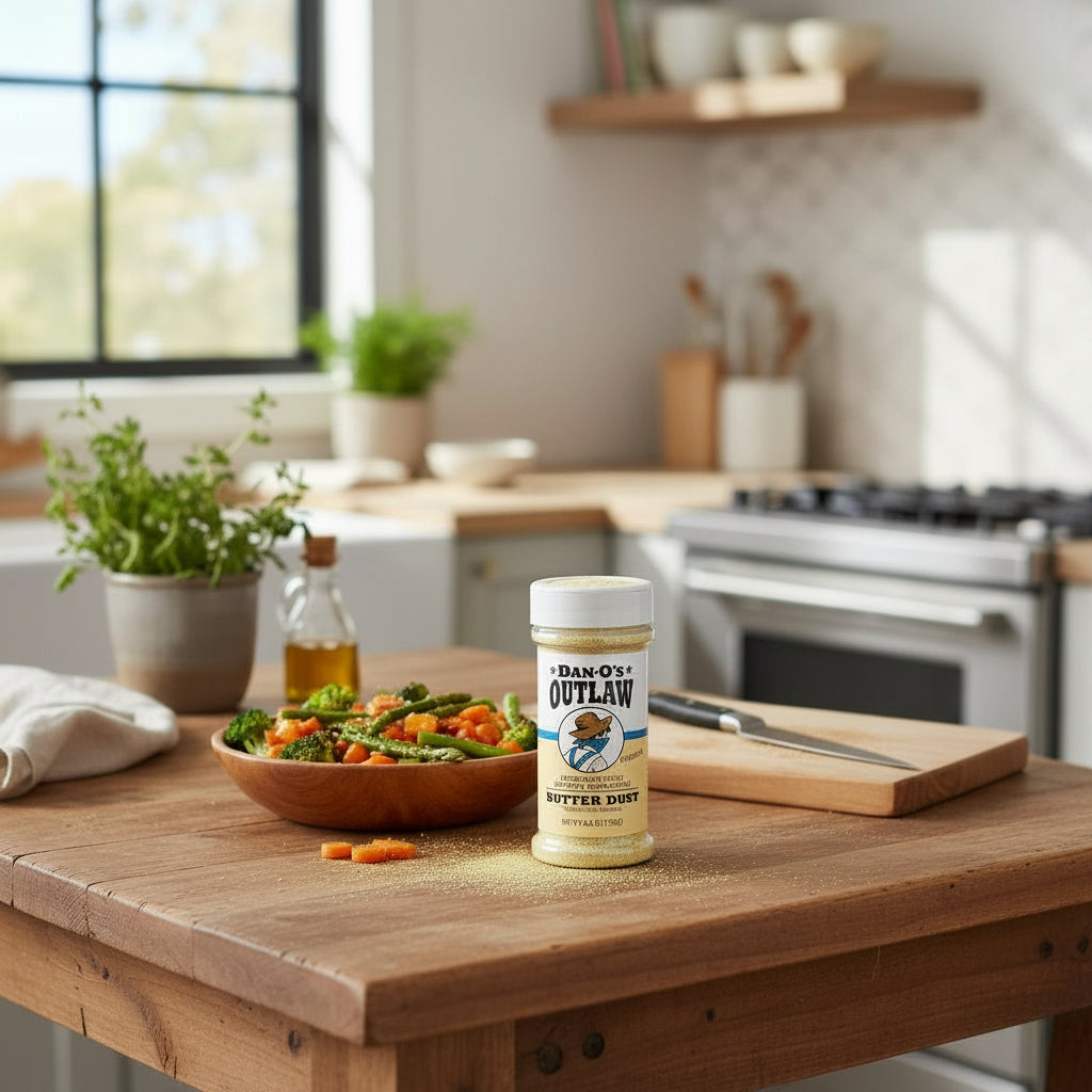Freshly roasted broccoli and carrots sprinkled with savory Butter Dust seasoning.
