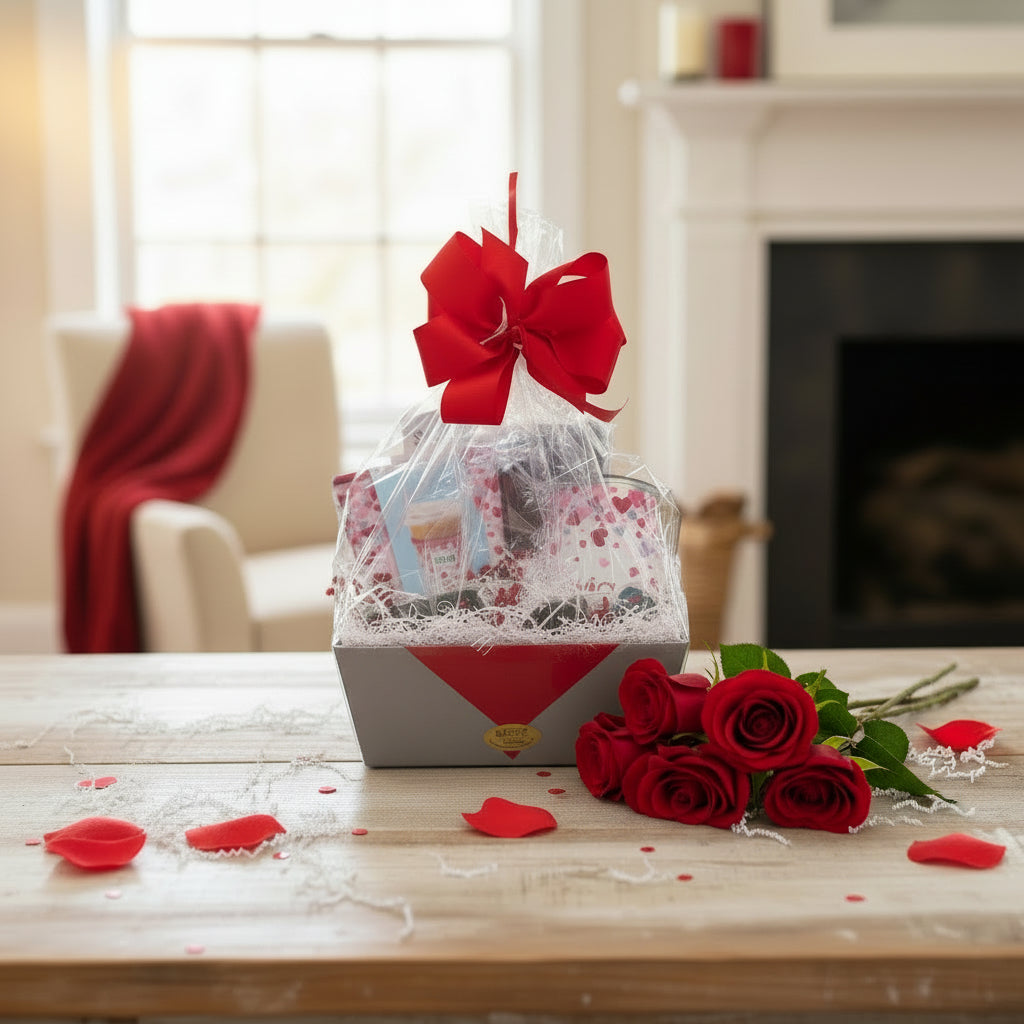 The Sweet Sips Valentine's Gift Basket featuring a Swig wine cup, coolie, and Kentucky chocolates in a festive arrangement.