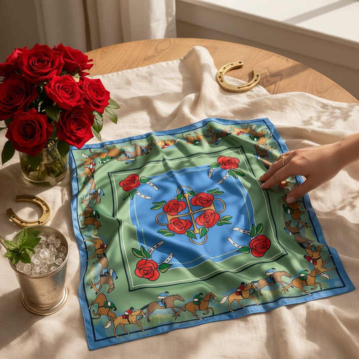 Lifestyle staging of the Roses and Reins equestrian scarf draped on a table next to a silver mint julep cup, gold horseshoes, and a vase of fresh red roses.
