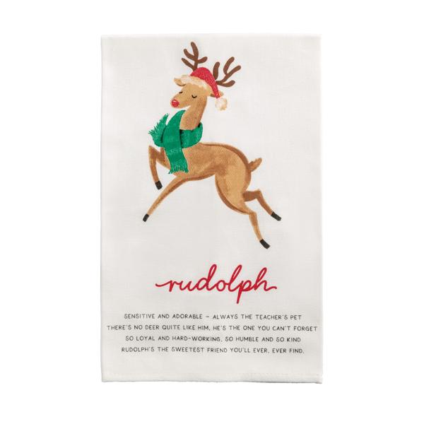 The "Rudolph" tea towel with its iconic red nose and playful poem.