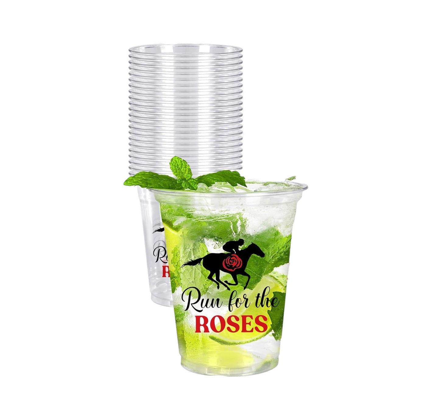 A clear plastic party cup featuring a black horse and red rose design, filled with a fresh mint julep and ice, sitting next to a neat stack of identical 12oz cups.