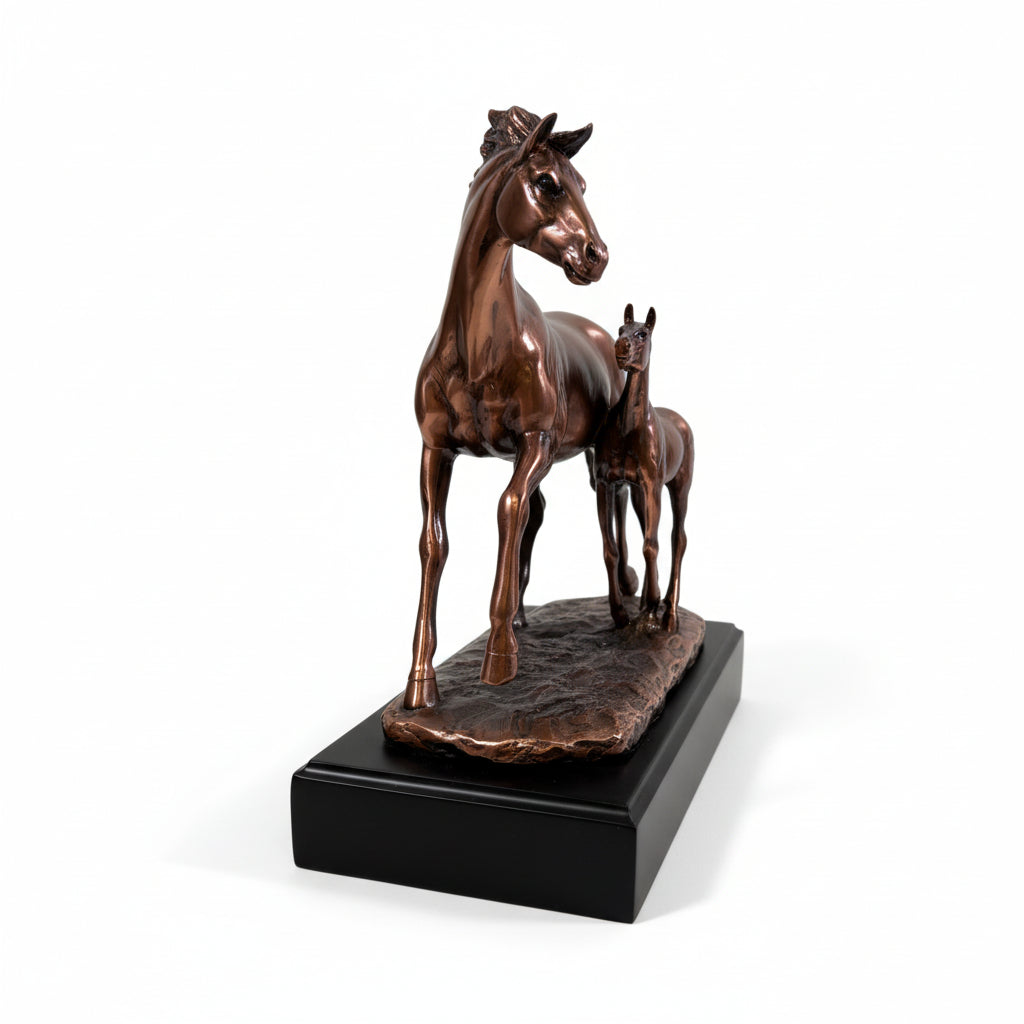 Detail shot focusing on the rich texture and warm glow of the copper on the running mother and foal sculpture.
