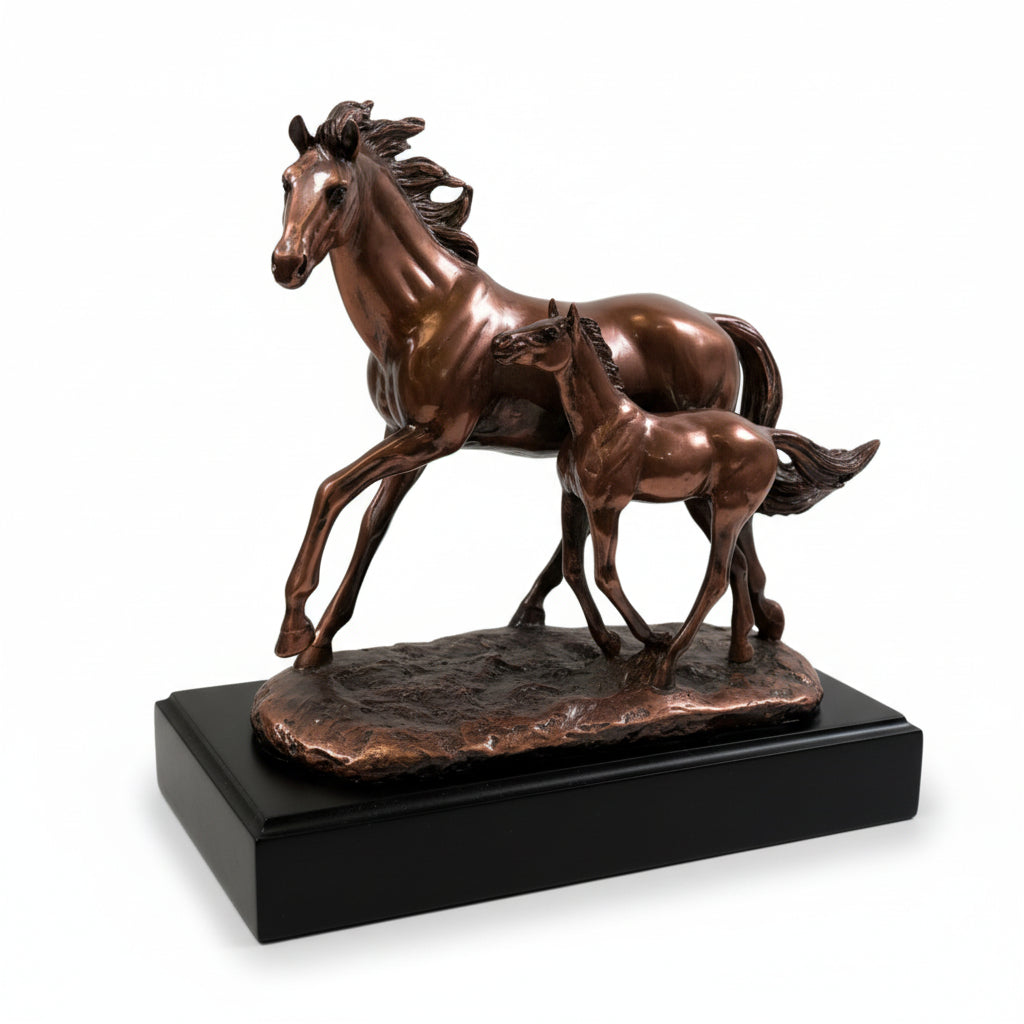 The dynamic copper Mom & Foal sculpture, showing the horses in a full run, displayed on a console table.