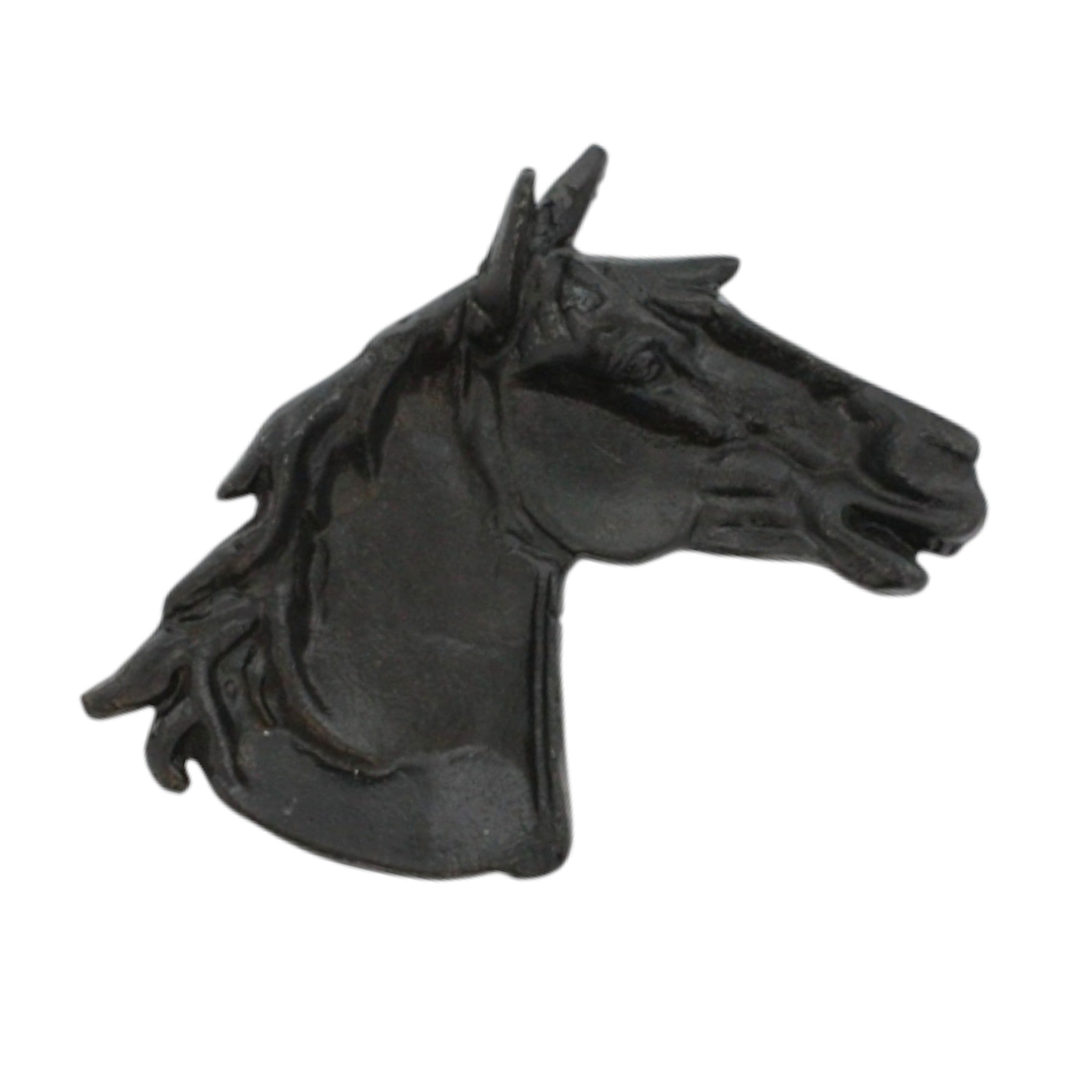 Black horse head sculpture on a white background