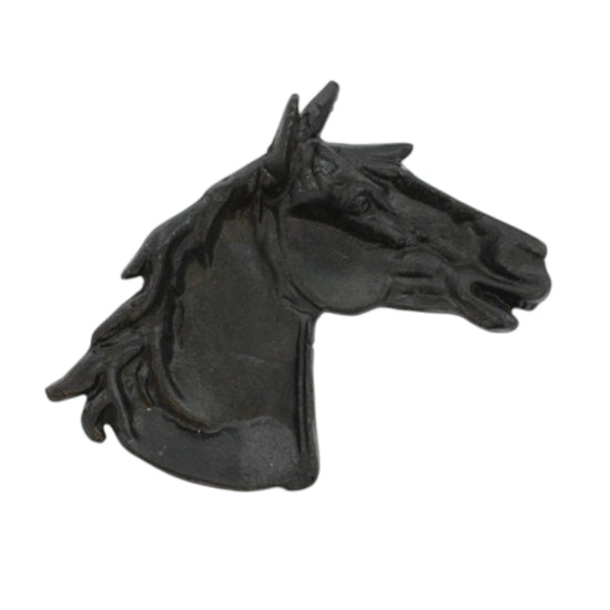 Black horse head sculpture on a white background