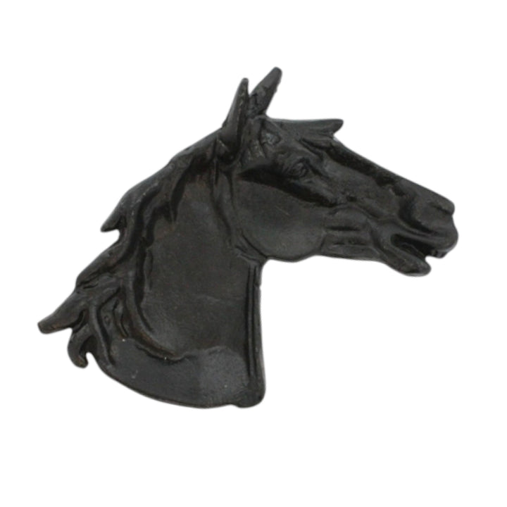 Black horse head sculpture on a white background