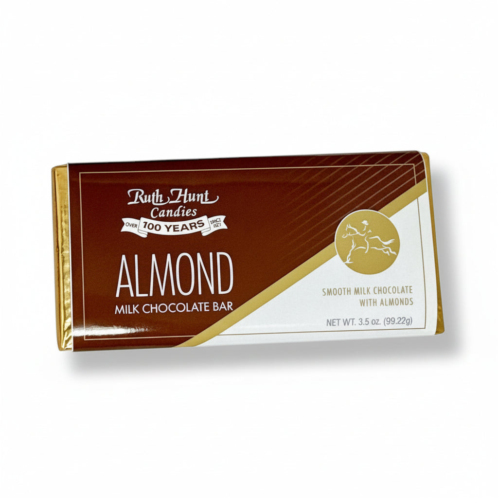 The rich brown wrapper of the Ruth Hunt Milk Chocolate Almond Bar.
