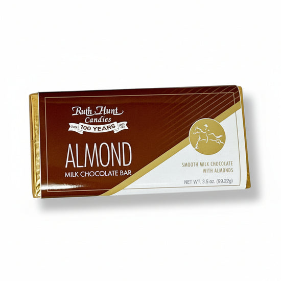 The rich brown wrapper of the Ruth Hunt Milk Chocolate Almond Bar.