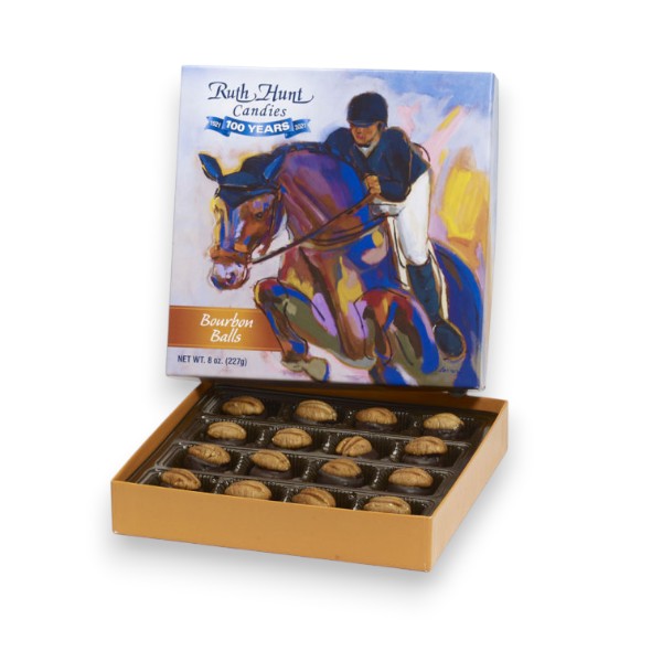 The Equine Collection box for Ruth Hunt Bourbon Balls, showcasing artwork by Joyce Garner.