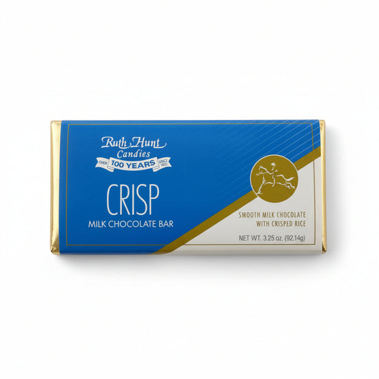 The light blue wrapper of the Ruth Hunt Milk Chocolate Crisp Bar.