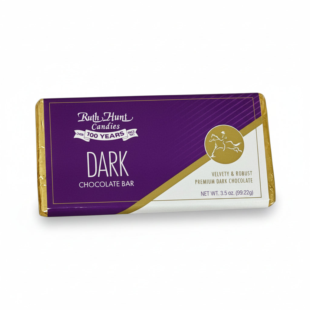 The elegant purple wrapper of the Ruth Hunt Dark Chocolate Bar.