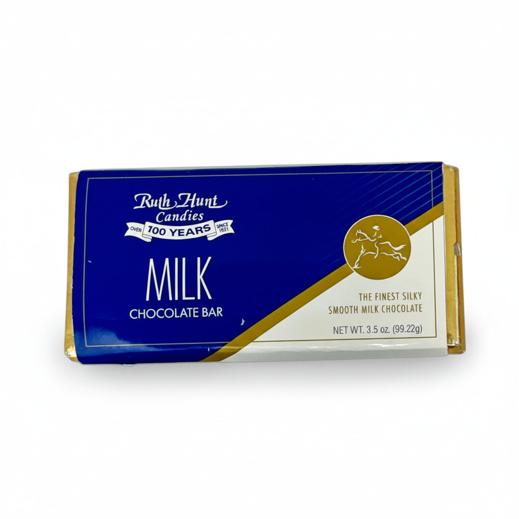 The classic blue wrapper of the Ruth Hunt Milk Chocolate Bar.