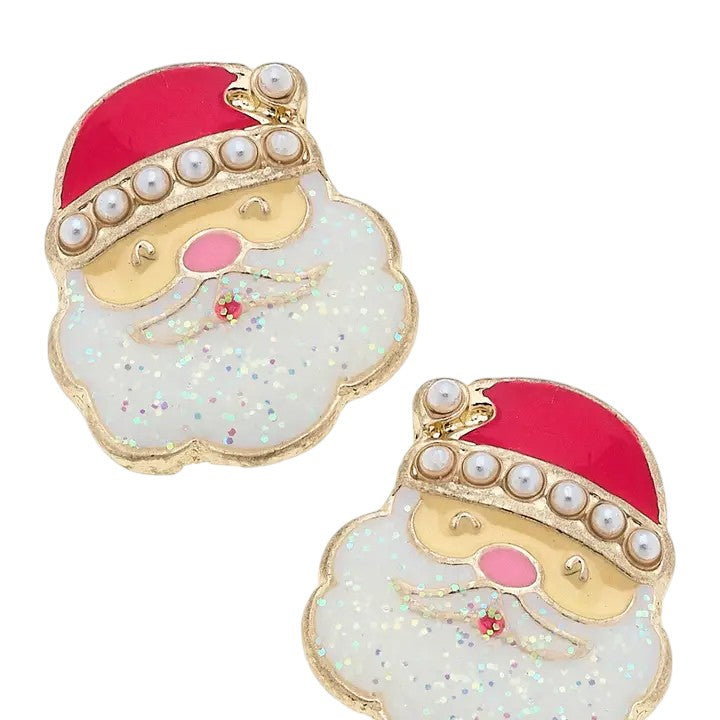 Two festive Santa Claus earrings with red hats and gold beards on a white background.