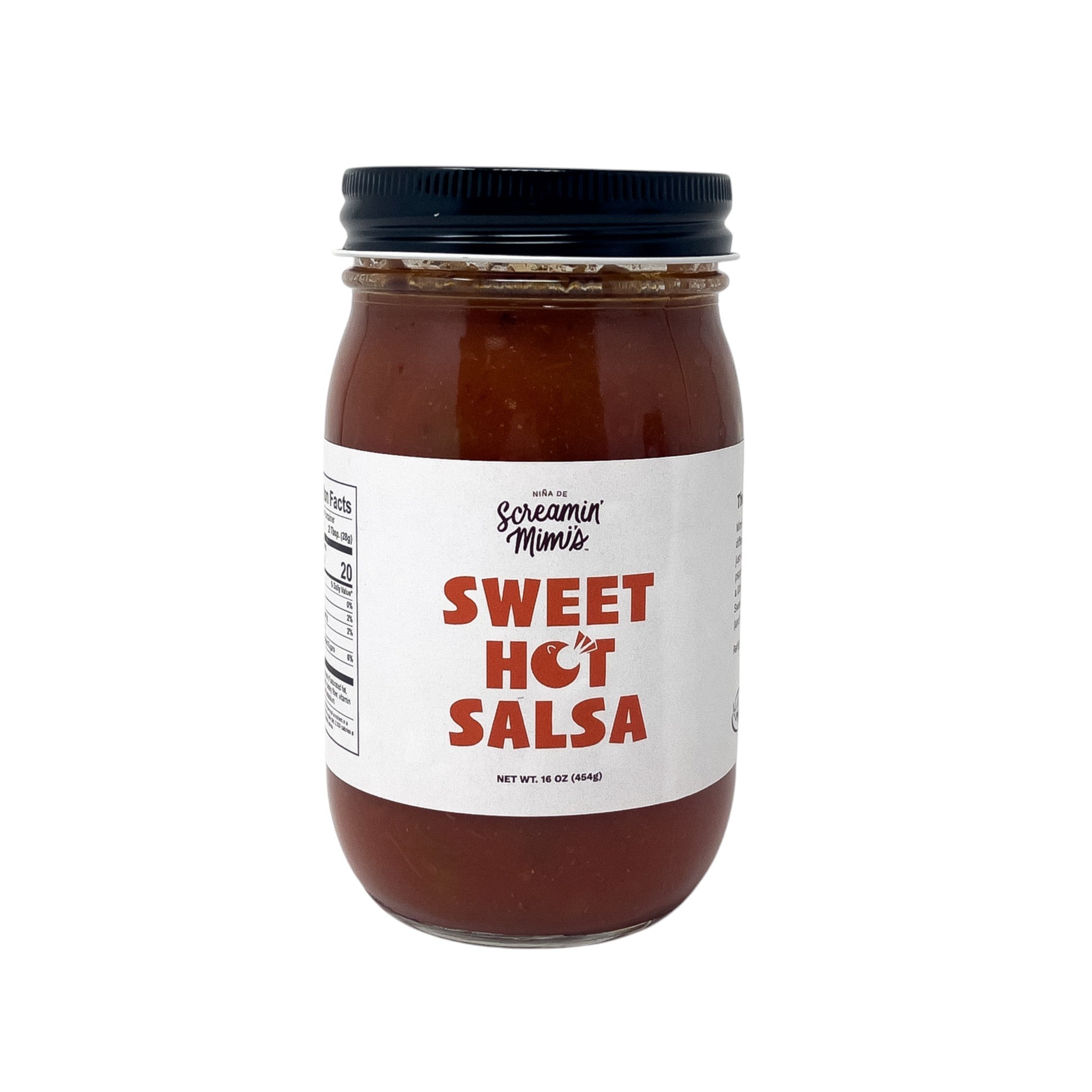 Jar of Screamin' Mimi's Sweet Hot Salsa on a white background