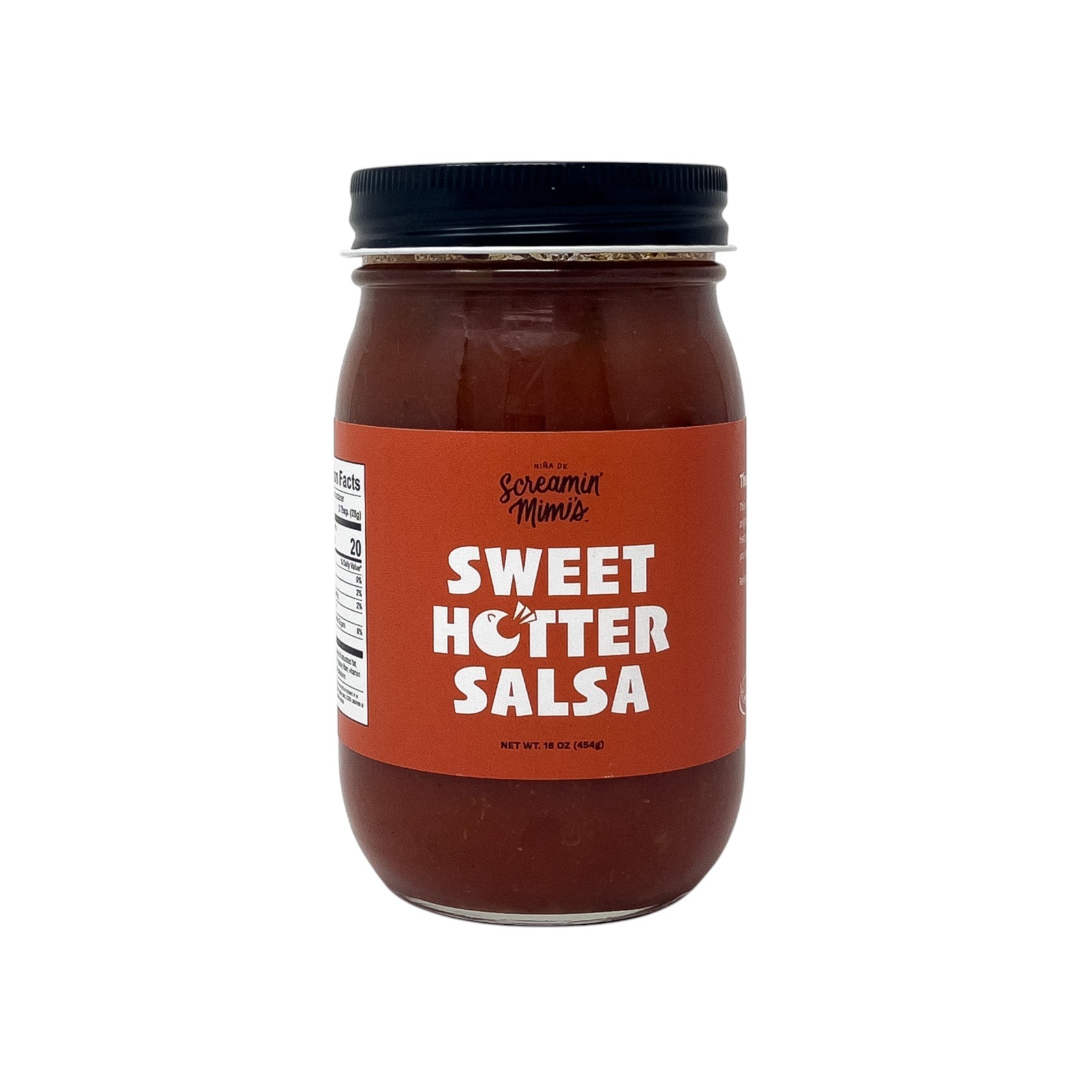 Jar of Sweet Hotter Salsa with a red label on a white background