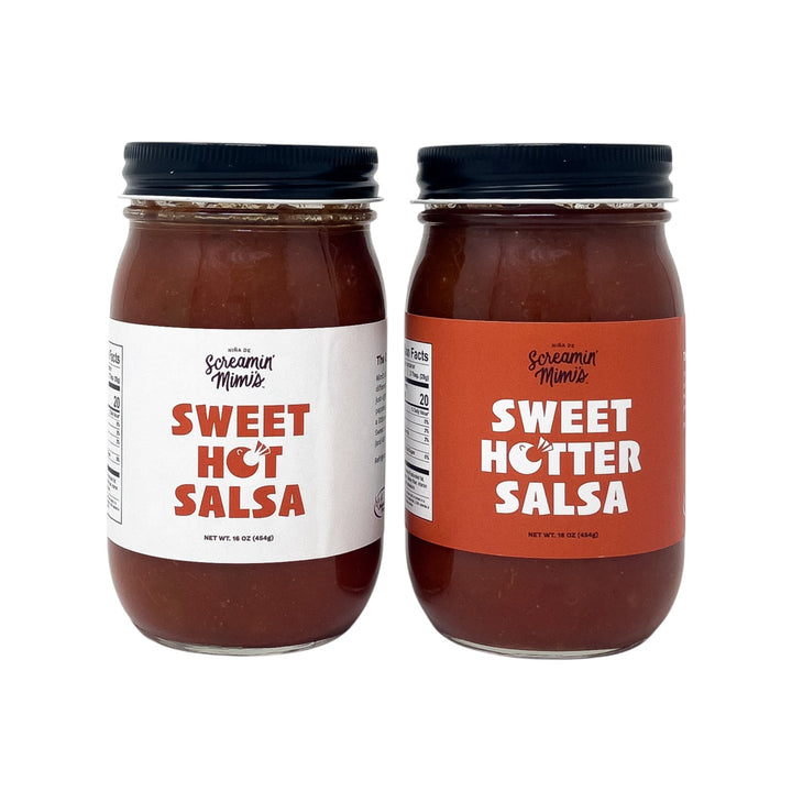 Two jars of Screamin' Mimi's salsa with different labels on a white background