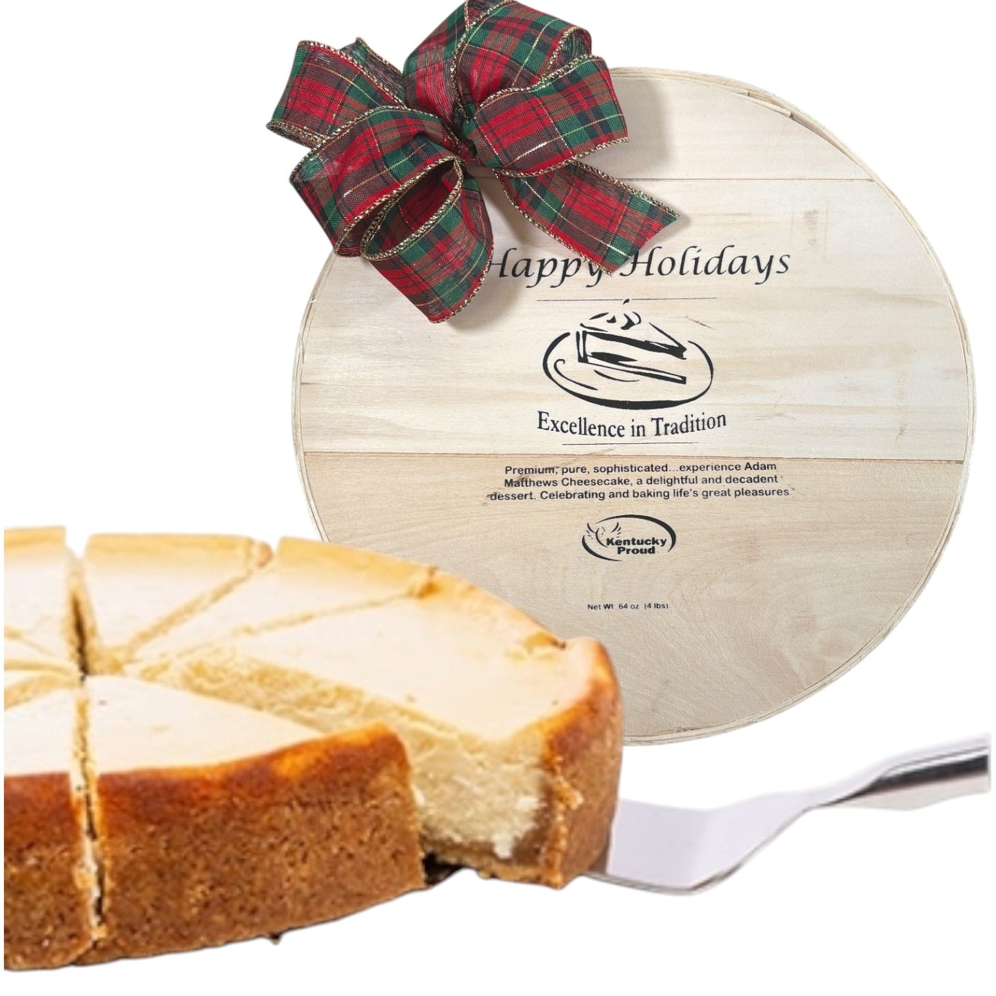 The Pre-Sliced Kentucky Classic Cheesecake presented in its elegant wooden gift box with a festive bow.